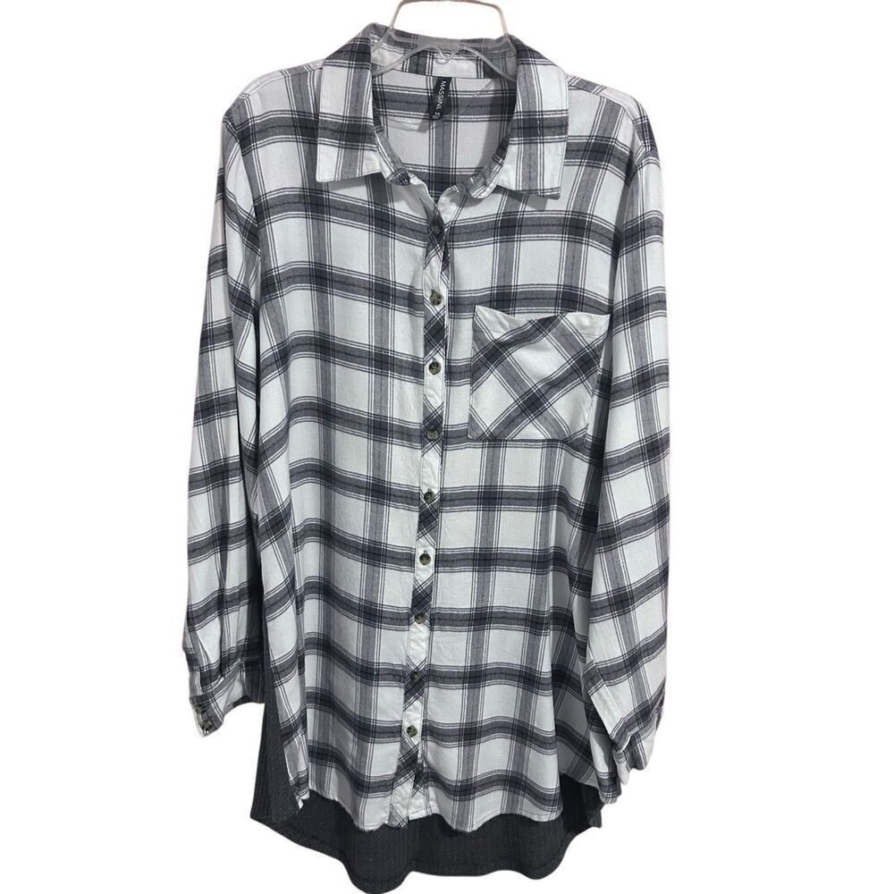 Massini Women’s Gray White Button Down Flannel Waffle Knit Back Size 1X